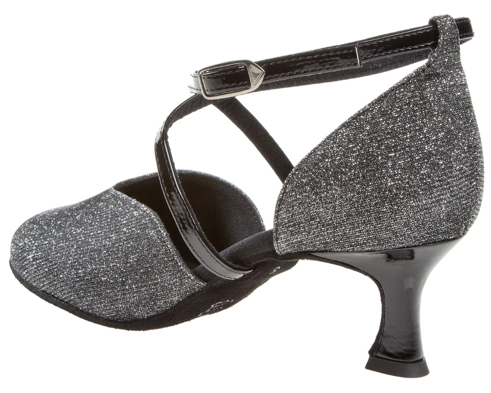 Elegante Diamant 170 Tanzschuhe mit Absatz in Schwarz und Silberglitzer mit Fessel- und Kreuzriemchen, Chromledersohle.